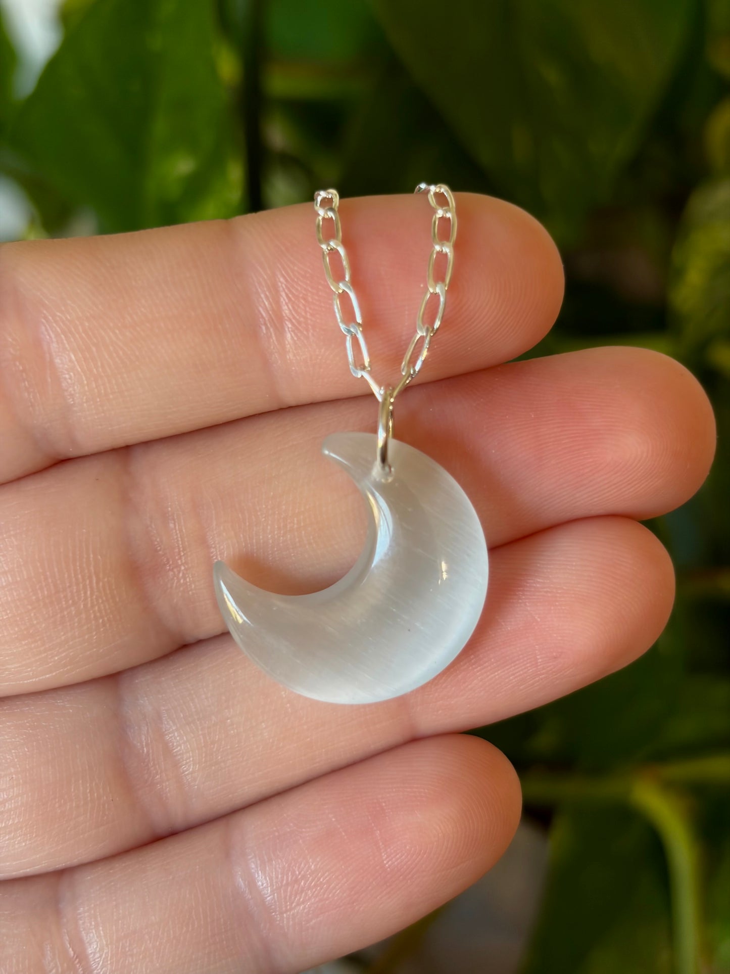 White Cats Eye Crescent Necklace