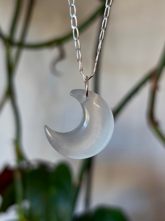 White Cats Eye Crescent Necklace