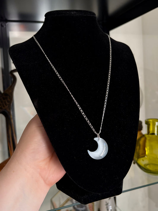 White Cats Eye Crescent Necklace