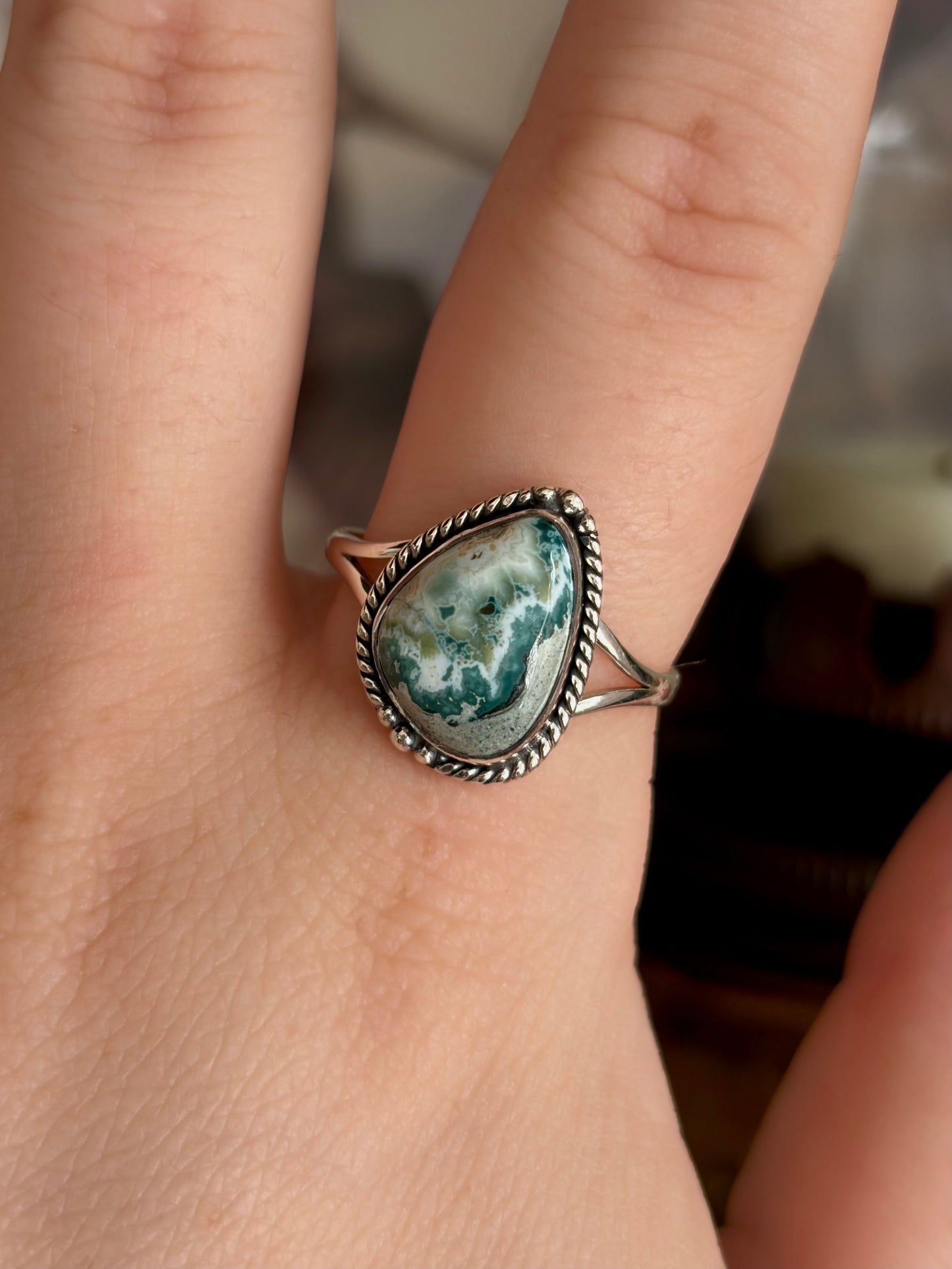 Green Seam Agate Ring - Size 10