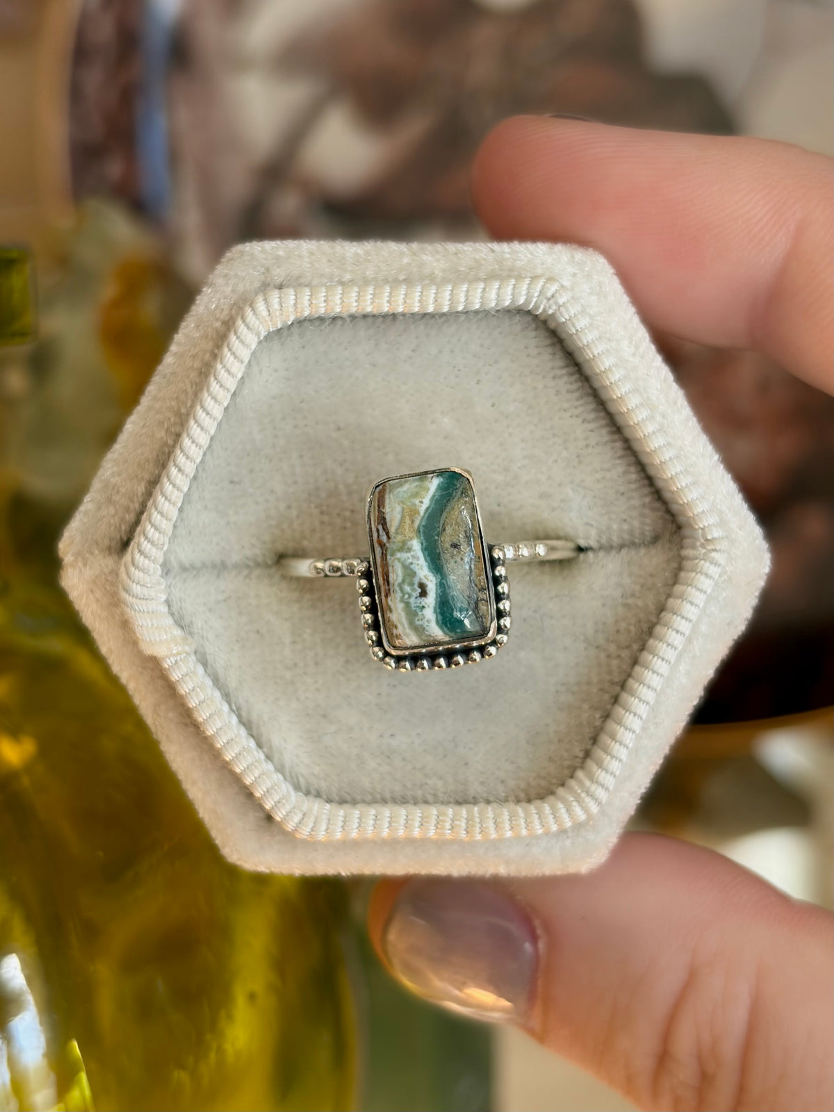 Green Seam Agate Ring - Size 10