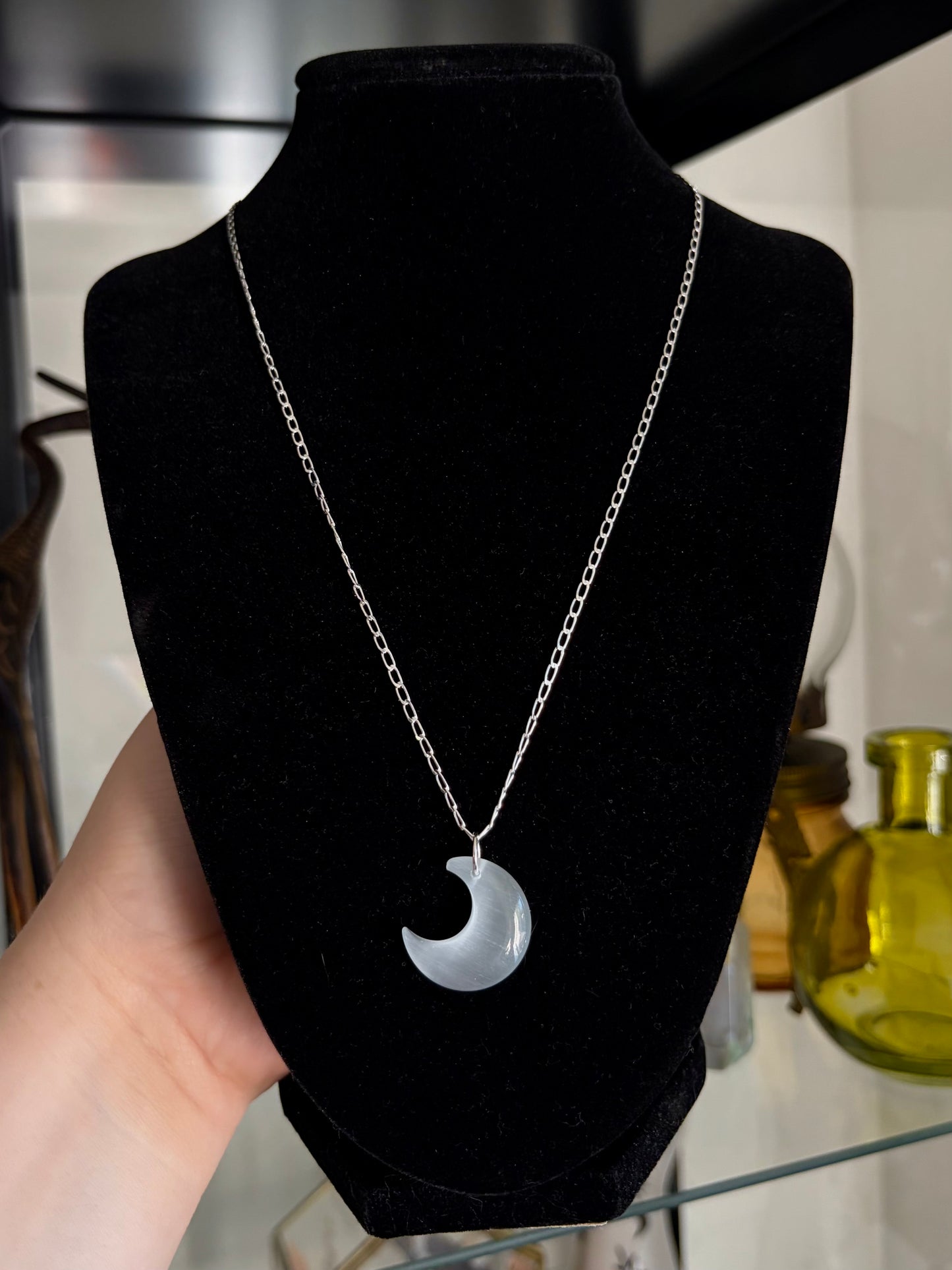 White Cats Eye Crescent Necklace