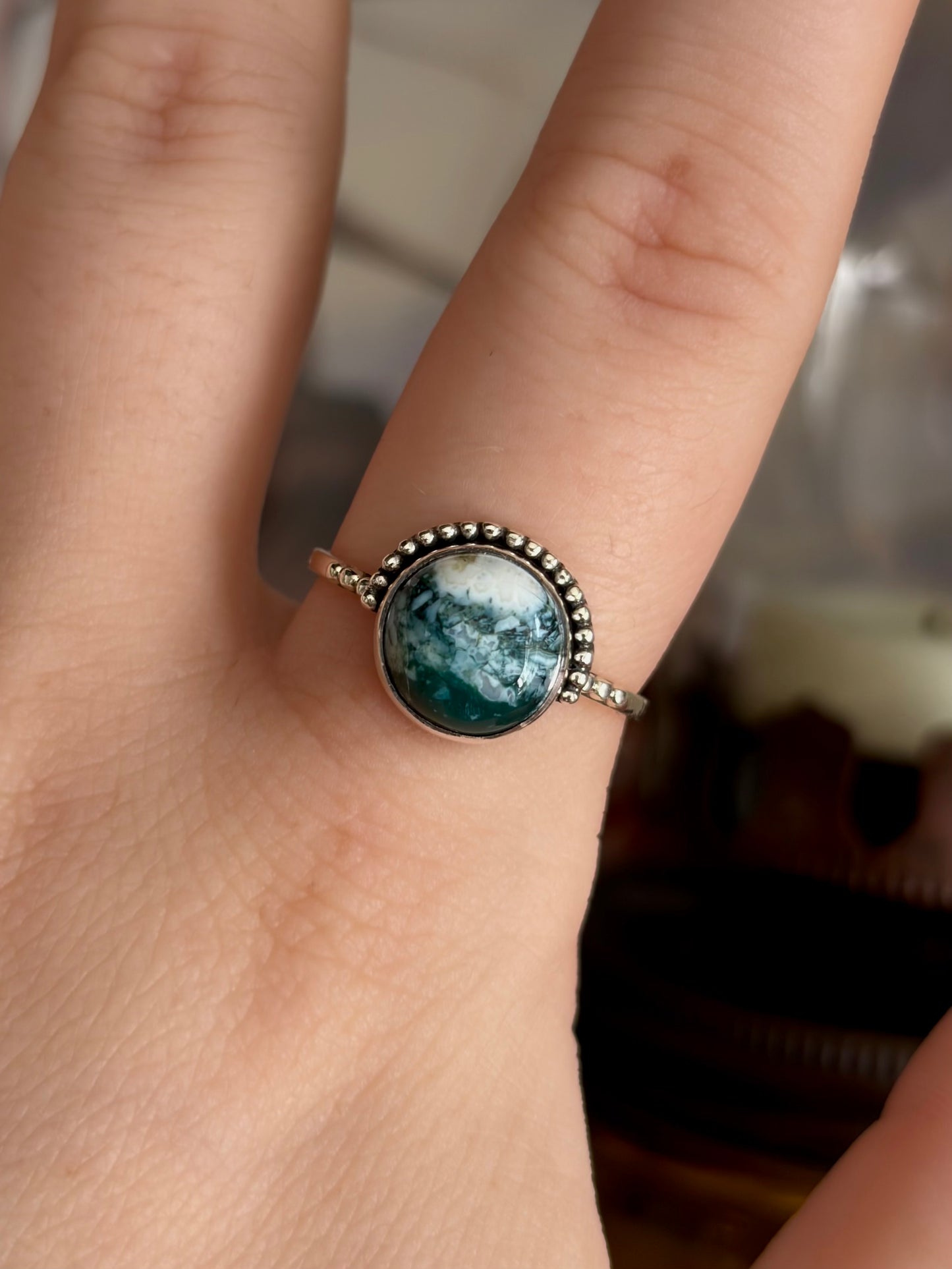 Green Seam Agate Ring - Size 9