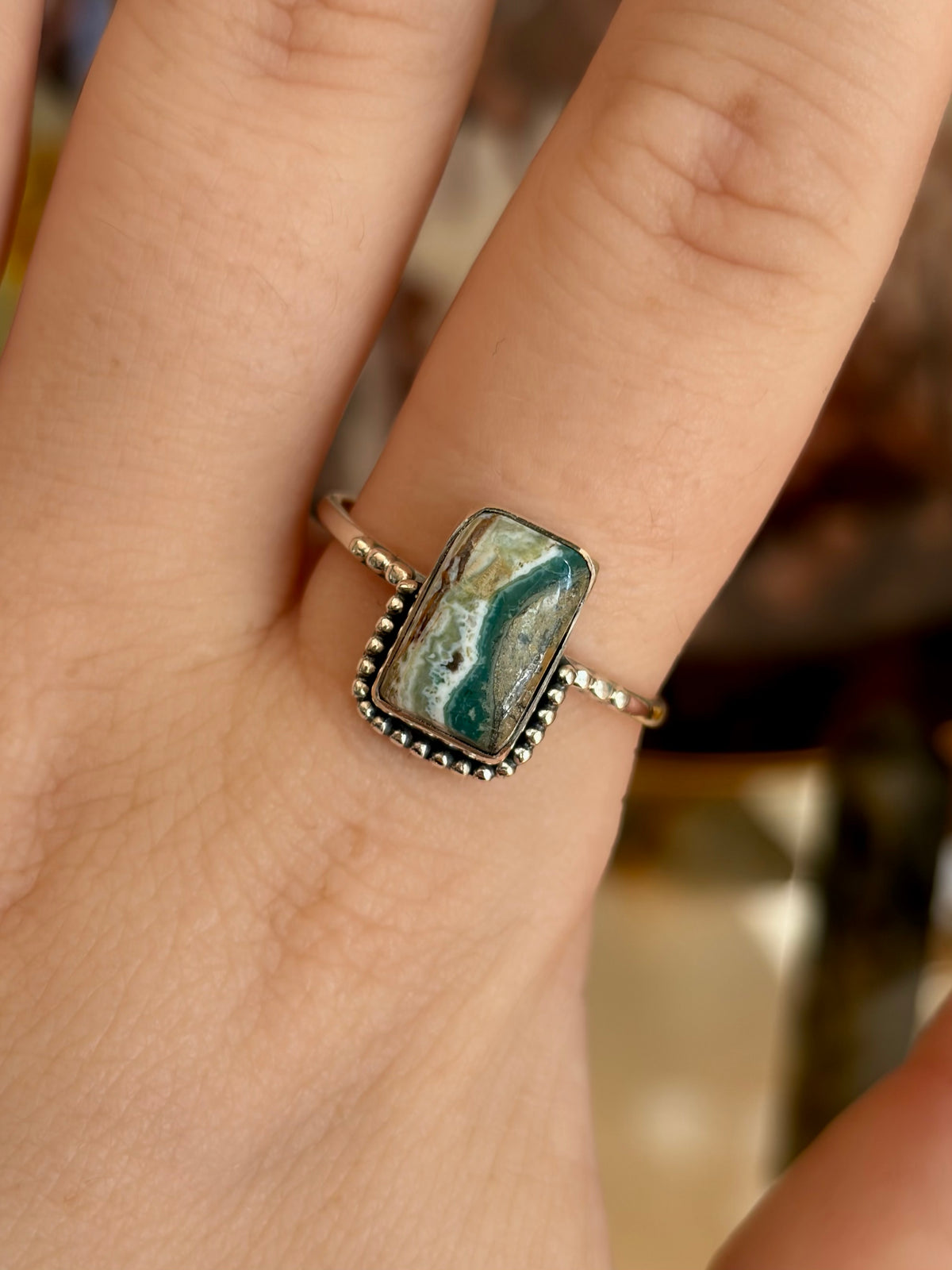 Green Seam Agate Ring - Size 10