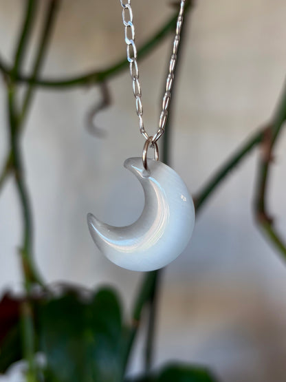 White Cats Eye Crescent Necklace