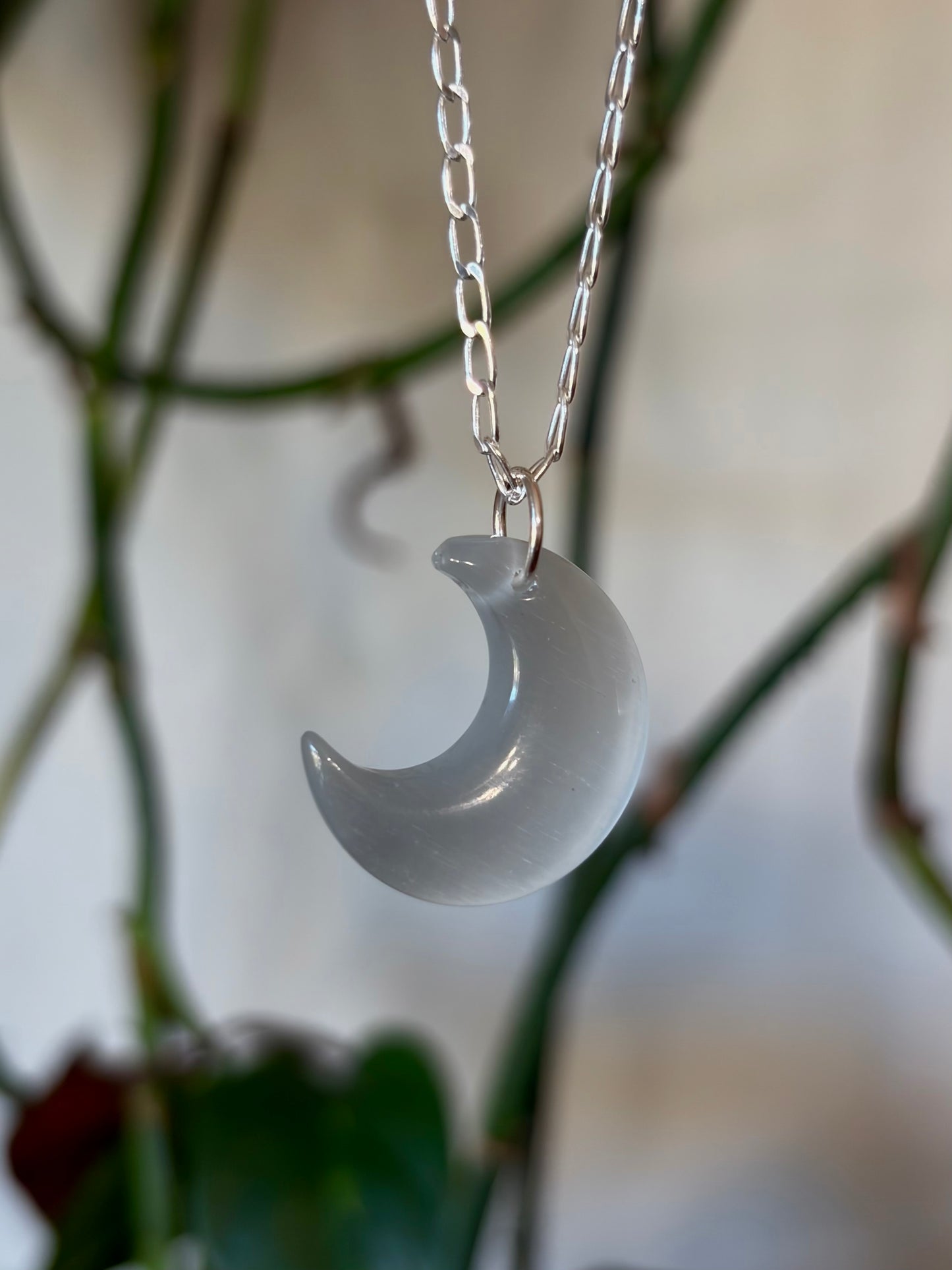 White Cats Eye Crescent Necklace